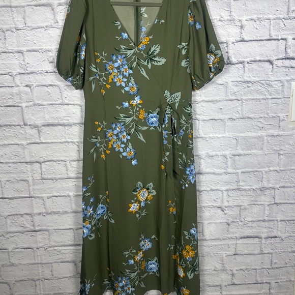 LOFT Floral Midi Wrap Dress – Olive Green - Picture 1 of 12